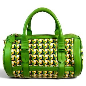 Tory Burch Green Nylon & Leather Boston Satchel Gold Hardware Bag Charm